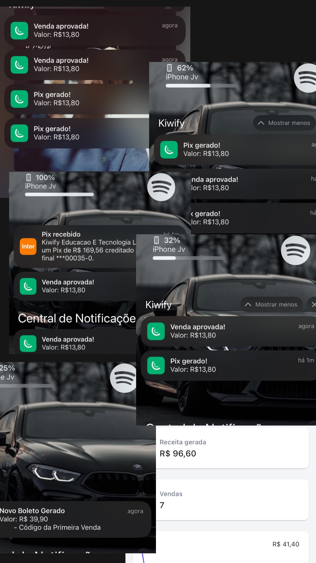Diversas notificações de Pix e vendas aprovadas